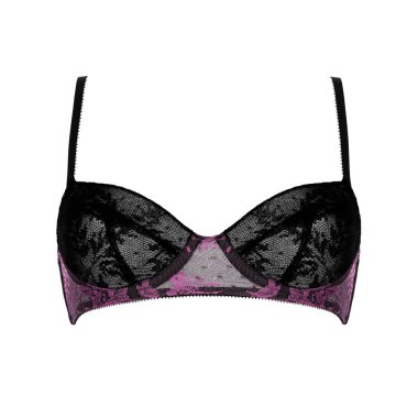 Pembe ipek seksi siyah beyaz arka plan üzerinde izole sutyen ittirir