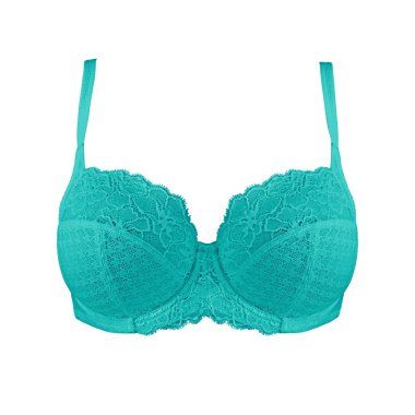 Turkuaz ipek seksi beyaz arka plan üzerinde izole sutyen ittirir