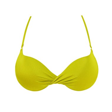 Sarı ipek seksi beyaz arka plan üzerinde izole sutyen ittirir. Kadın pahalı zarif iç çamaşırı giyim