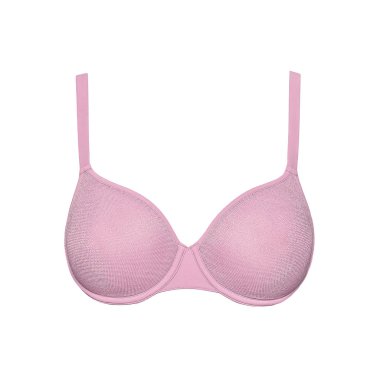 Beyaz arka plan üzerinde izole sutyen yukarı pembe ipek seksi itin. Kadın pahalı zarif iç çamaşırı giyim