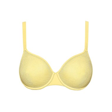 Sarı ipek seksi beyaz arka plan üzerinde izole sutyen ittirir. Kadın pahalı zarif iç çamaşırı giyim