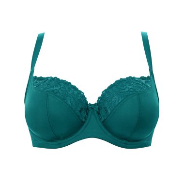 Turkuaz ipek seksi beyaz arka plan üzerinde izole sutyen ittirir. Kadın pahalı zarif iç çamaşırı giyim