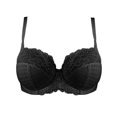 Siyah ipek seksi beyaz arka plan üzerinde izole sutyen ittirir. Kadın pahalı zarif iç çamaşırı giyim