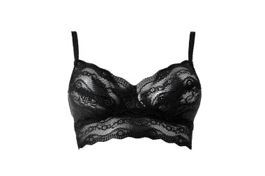 Siyah ipek seksi beyaz arka plan üzerinde izole sutyen ittirir. Kadın pahalı zarif iç çamaşırı giyim