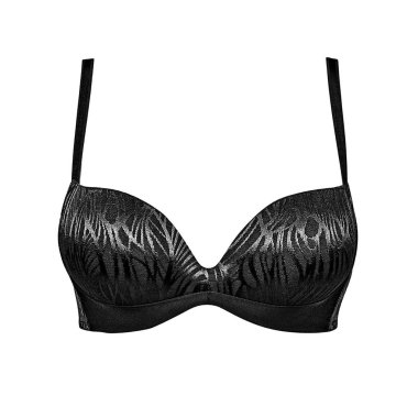 Siyah ipek seksi beyaz arka plan üzerinde izole soyut desenli sutyen itin. Kadın pahalı zarif iç çamaşırı giyim