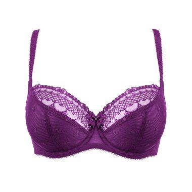 Koyu mor ipek seksi beyaz arka plan üzerinde izole sutyen ittirir. Kadın pahalı zarif iç çamaşırı giyim