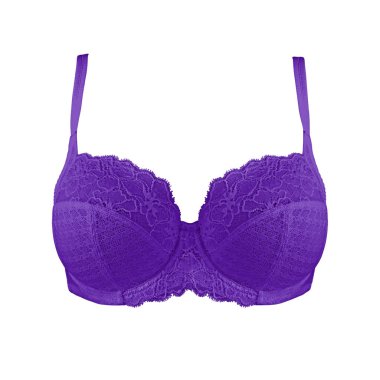 Beyaz arka plan üzerinde izole sutyen yukarı mor ipek seksi itin. Kadın pahalı zarif iç çamaşırı giyim