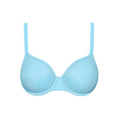 Hafif Mavi ipek seksi beyaz arka plan üzerinde izole sutyen ittirir. Kadın pahalı zarif iç çamaşırı giyim