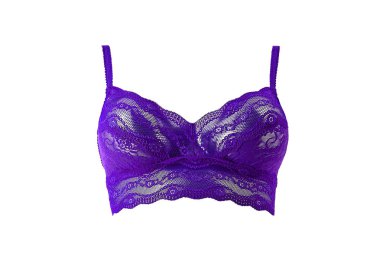 Beyaz arka plan üzerinde izole sutyen yukarı mor ipek seksi itin. Kadın pahalı zarif iç çamaşırı giyim