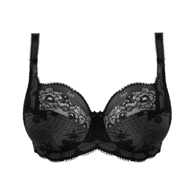 Siyah ipek seksi beyaz arka plan üzerinde izole sutyen ittirir. Kadın pahalı zarif iç çamaşırı giyim