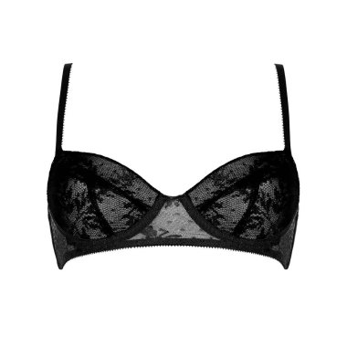 Siyah ipek seksi beyaz arka plan üzerinde izole sutyen ittirir. Kadın pahalı zarif iç çamaşırı giyim