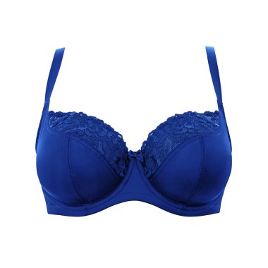 Beyaz arka plan üzerinde izole sutyen yukarı Mavi ipek seksi itin. Kadın pahalı zarif iç çamaşırı giyim