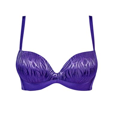 Beyaz arka plan üzerinde izole soyut desenli sutyen yukarı mor ipek seksi itin. Kadın pahalı zarif iç çamaşırı giyim