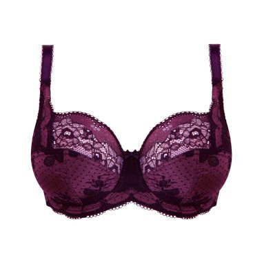 Bordo ipek seksi beyaz arka plan üzerinde izole sutyen ittirir. Kadın pahalı zarif iç çamaşırı giyim