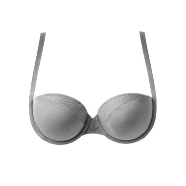 Gri ipek seksi beyaz arka plan üzerinde izole sutyen ittirir. Kadın pahalı zarif iç çamaşırı giyim