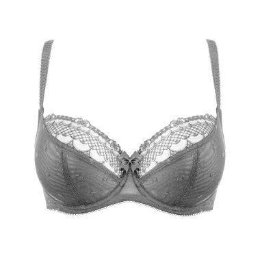 Gri ipek seksi beyaz arka plan üzerinde izole sutyen ittirir. Kadın pahalı zarif iç çamaşırı giyim