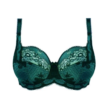 Koyu turkuaz ipek seksi beyaz arka plan üzerinde izole sutyen ittirir. Kadın pahalı zarif iç çamaşırı giyim