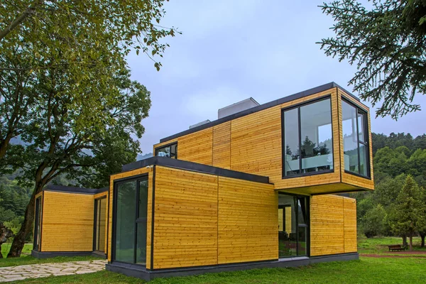 Drewniany Dom Charakterze Nowoczesne Projektowanie Architektury Przyjazne Obudowa Koncepcja Drewnianym — Zdjęcie stockowe
