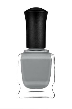 Gri oje cam şişe, manikür ve pedikür beyaz arka plan üzerinde izole. Dekoratif kozmetik ürünleri, güzellik moda makyaj