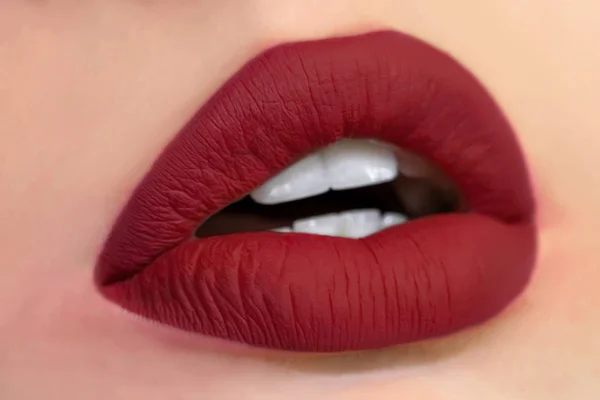 Hermoso Maquillaje Glamour Labios Color Burdeos Mate Lápiz Labial Cara — Foto de Stock