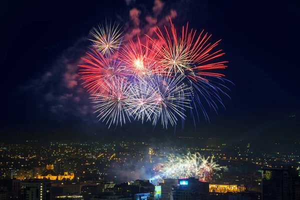 Colorful Fireworks Night Sky Yerevan Republic Square Armenia Celebration Independence — Stock Photo, Image