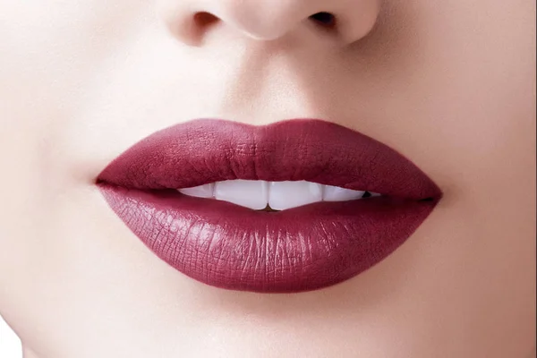 Beautiful Make Glamour Burgundy Lips Lipstick Face Attractive Beautiful Woman — Stock Photo, Image