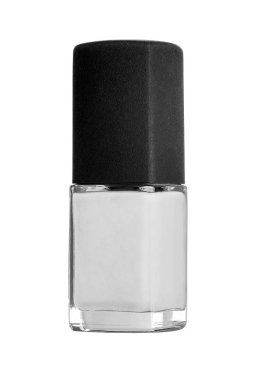 Beyaz tırnak cilası cam şişe, manikür ve pedikür beyaz arka planda izole edilmiş. Dekoratif kozmetik ürünleri, güzellik moda makyajı