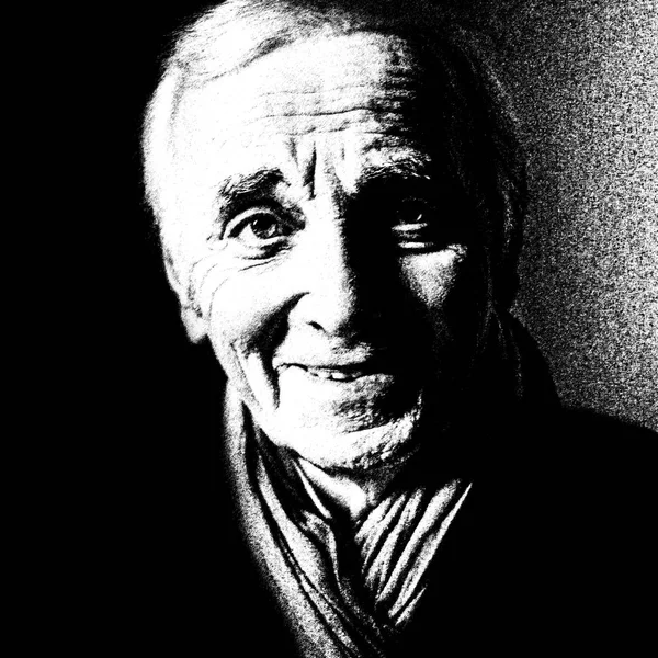 Black and white drawing portrait of French-Armenian singer, lyricist, actor, public activist and diplomat Charles Aznavour (Shahnour Vaghinag Aznavourian). Born 22 May 1924, died 1 October 2018