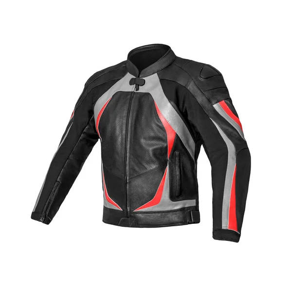 Mens Motorbike Racing Black Red Grey Elements Leather Jacket Isolated — Stock Photo, Image