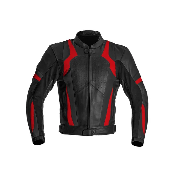 Mens Motorbike Racing Black Red Elements Leather Jacket Isolated White — Stock Photo, Image