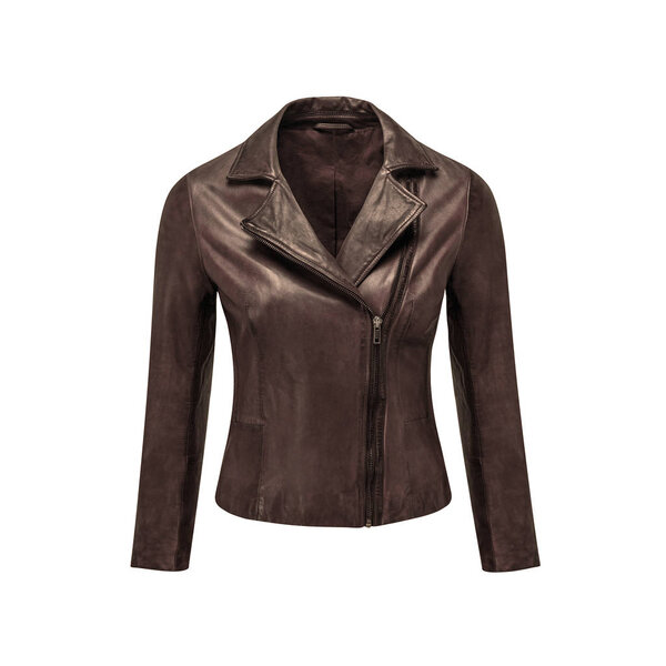 Женская коричневая кожаная куртка на белом фоне. Фотография манекена призрака
