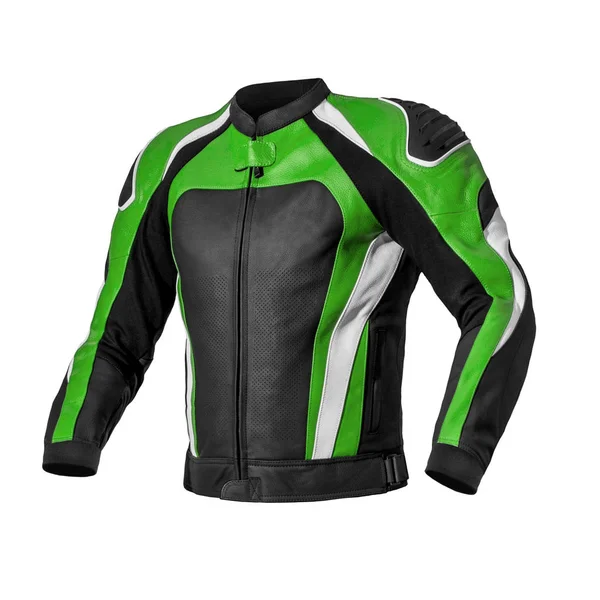 バイクレザー白い背景に分離された緑と白の要素の革のジャケットと黒のレースします ゴースト マネキン写真 — ストック写真