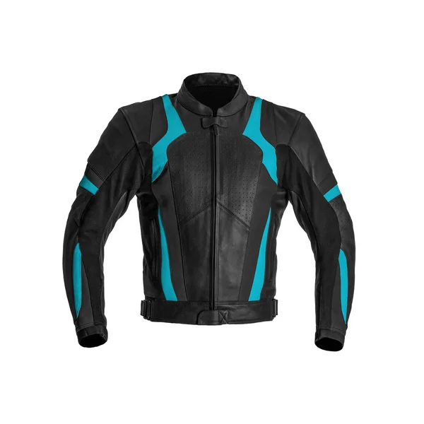 Mens Motorbike Racing Black Blue Elements Leather Jacket Isolated White — Stock Photo, Image