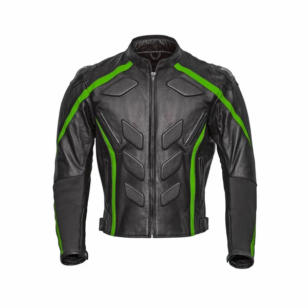 Mens Motorbike Racing Black Green Elements Leather Jacket Isolated White — Stock Photo, Image