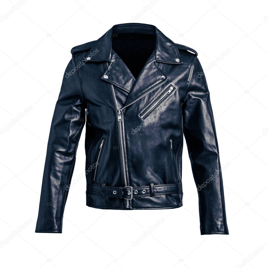 Mens blue leather jacket isolated on white background. Ghost mannequin photography