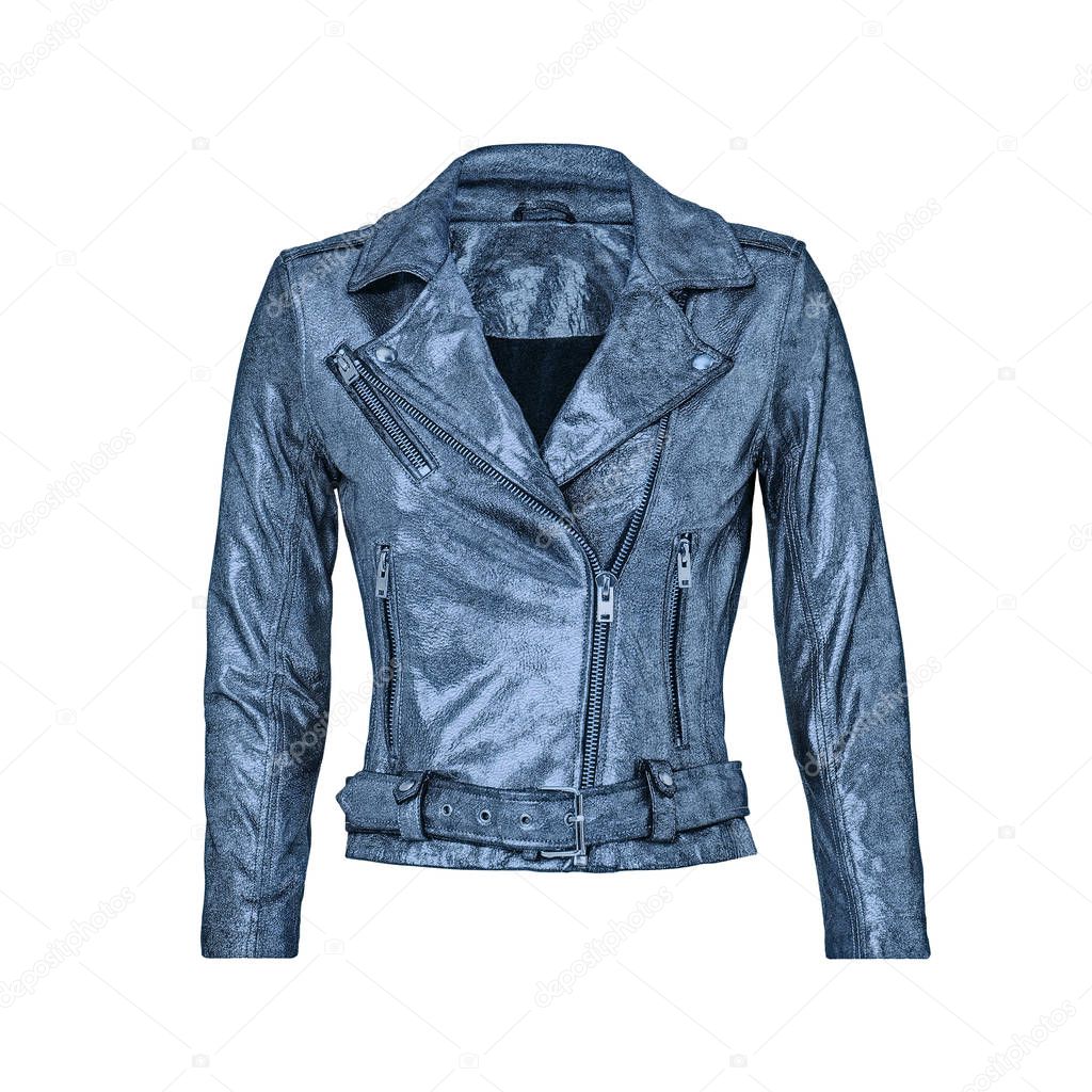 Womens blue leather jacket isolated on white background. Ghost mannequin photography