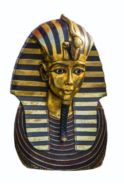 Beyaz arka plan üzerinde izole Tutankamon'un maskesi kopyası. Mısır altın maske