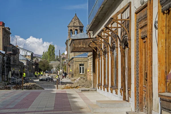 Perspective View Abovyan Street Gyumri Armenia Saint Nshan Church Dome — Stock Photo, Image