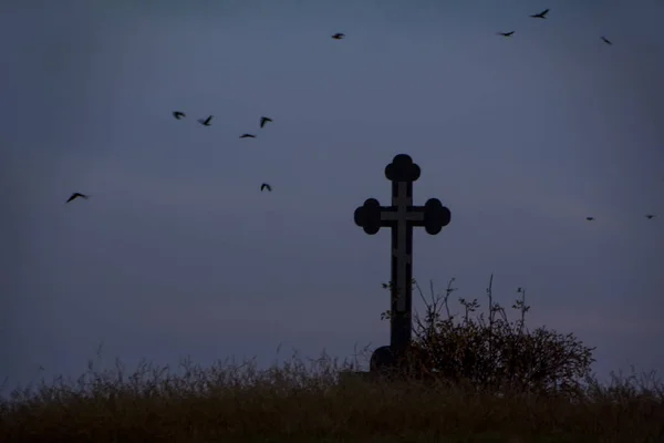 Silhouette of lonely orthodox cross on a hill covered with dried high grass with dramatic sunset sky background and the black birds