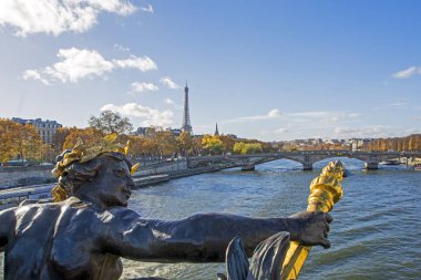 Pont Alexandre III Köprüsü ile süslü Art Nouveau lambalar ve zemin üzerine Paris, Fransa'da Eyfel Kulesi ile heykeller dekore edilmiş