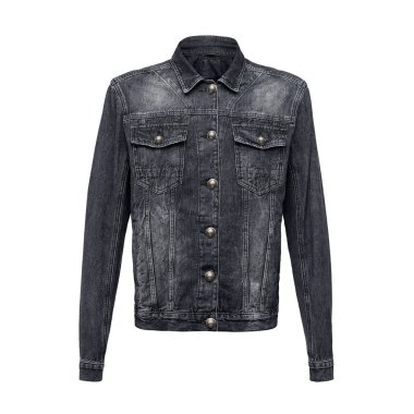 Karanlık ve gri şık kadın kot ceket beyaz arka plan üzerinde izole. Hayalet manken fotoğraf