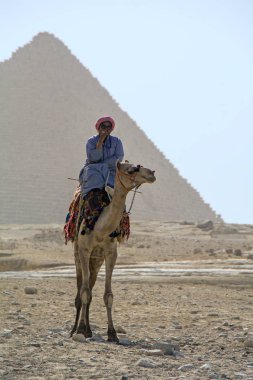 Giza, Mısır - 30 Ekim 2018: Bedevi devenin üzerinde Giza'da Büyük Piramit'in önünde sigara içiyor. Dikey görüntü arka plan bulanık ile