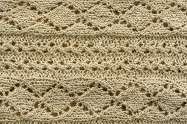 Örme doku. Yünden kumaş. Arka plan kopya alanı. El yapımı kazak doku, örme yün desen, krem arka plan