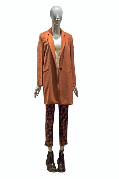 Stylischer Orangefarbener Mantel Und Hose Mit Blumenmuster Auf Schaufensterpuppe Herbst — Stockfoto