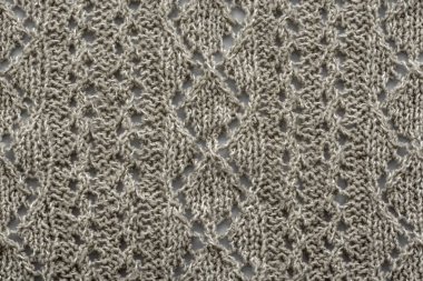 Örülmüş doku. Yünden desenli kumaş. Arka plan, kopyalama alanı. El yapımı süveter dokusu, yün örgü deseni, fildişi arkaplan