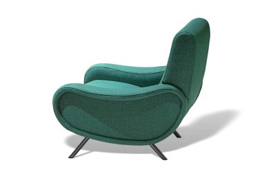 Turkuaz rengi koltuk. Beyaz arka plan üzerinde modern tasarımcı sandalye. Tekstil döşemelik sandalye