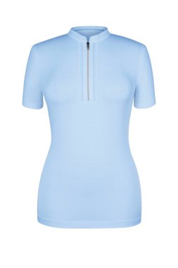 Hafif mavi içi boş erkek t-shirt metal fermuar ile beyaz arka plan üzerinde izole. Hayalet manken fotoğraf