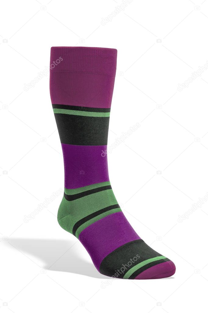 One sock with colored stripes stands on a white background with shadow, volumetric sock, isolated. Ghost mannequin photography