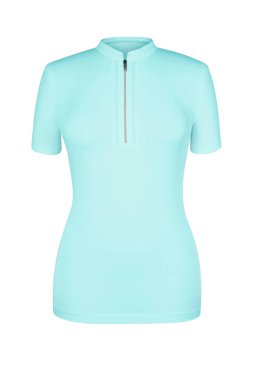 Turkuaz içi boş erkek t-shirt metal fermuar ile beyaz arka plan üzerinde izole. Hayalet manken fotoğraf