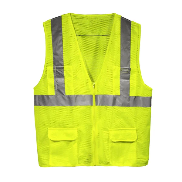 Μια Κίτρινη Ασφάλεια Vest Απομονώνονται Λευκό Φόντο Είδαν Στο Μπροστινό — Φωτογραφία Αρχείου